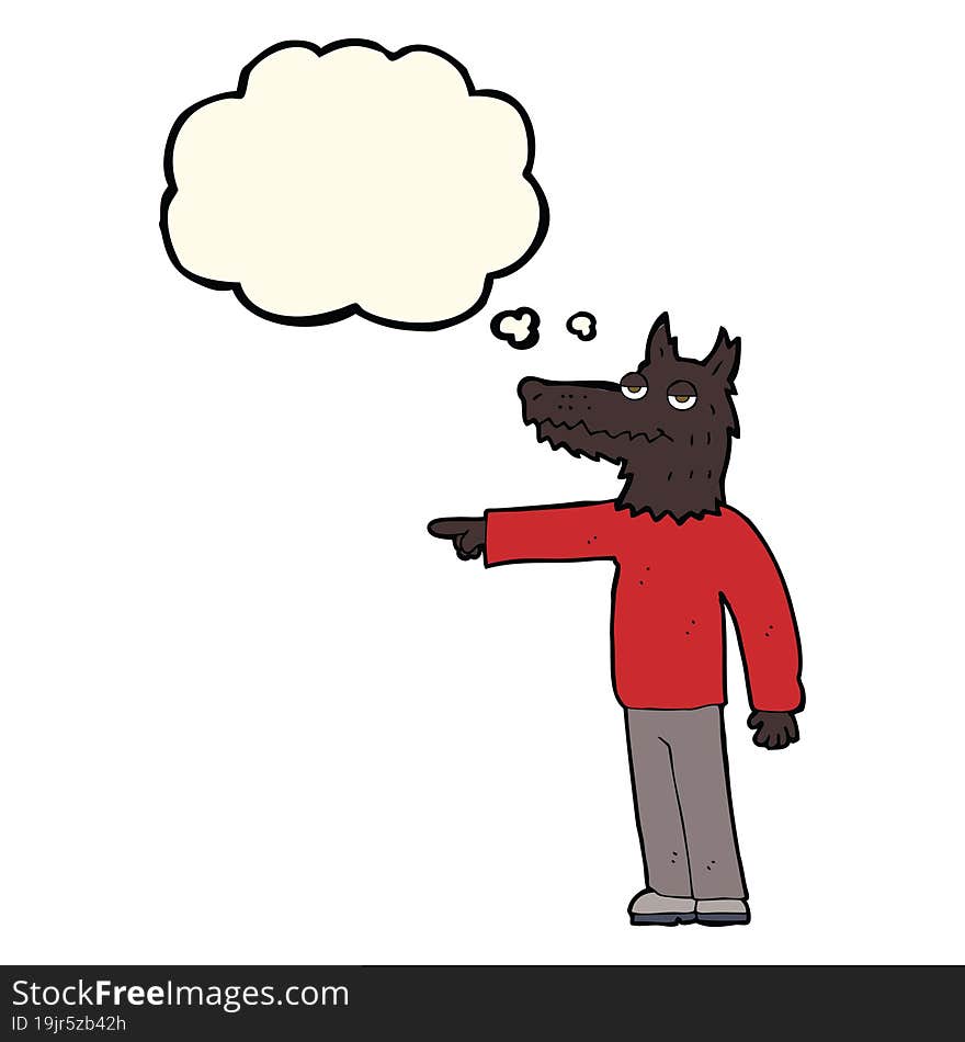 Cartoon Wolf Man Pointing With Thought Bubble