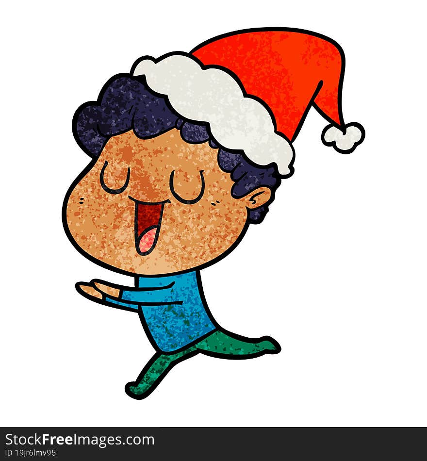 laughing textured cartoon of a man running wearing santa hat