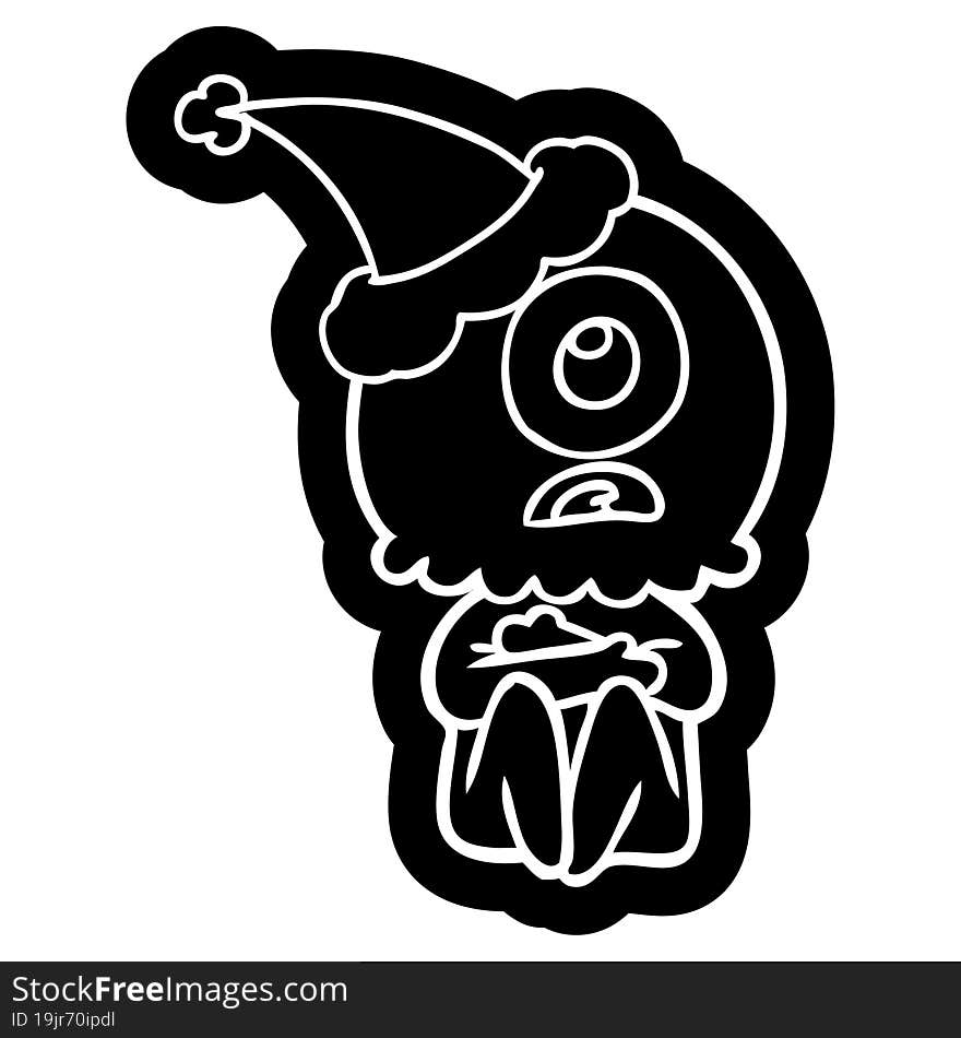 quirky cartoon icon of a cyclops alien spaceman wearing santa hat