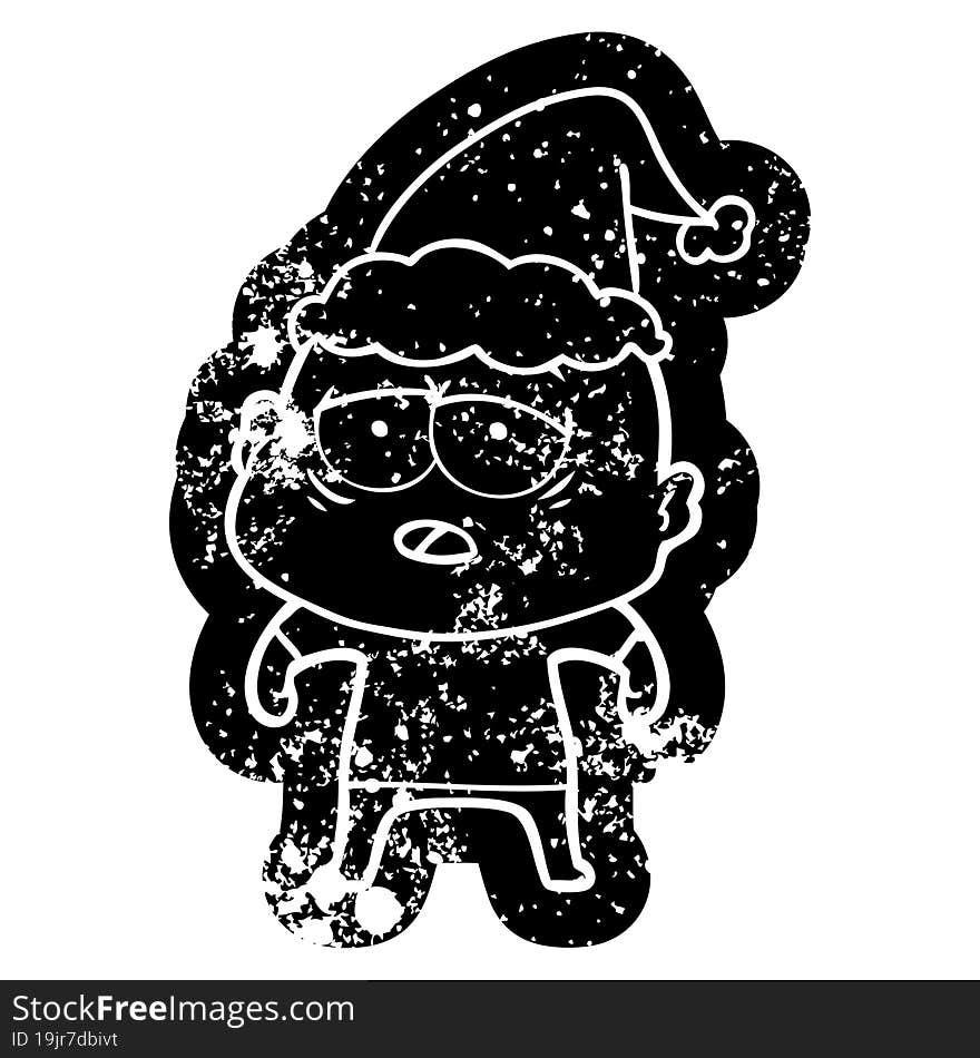 quirky cartoon distressed icon of a tired bald man wearing santa hat