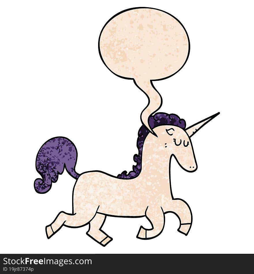 cartoon unicorn and speech bubble in retro texture style