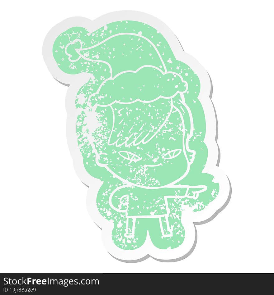 cute quirky cartoon distressed sticker of a girl with hipster haircut wearing santa hat