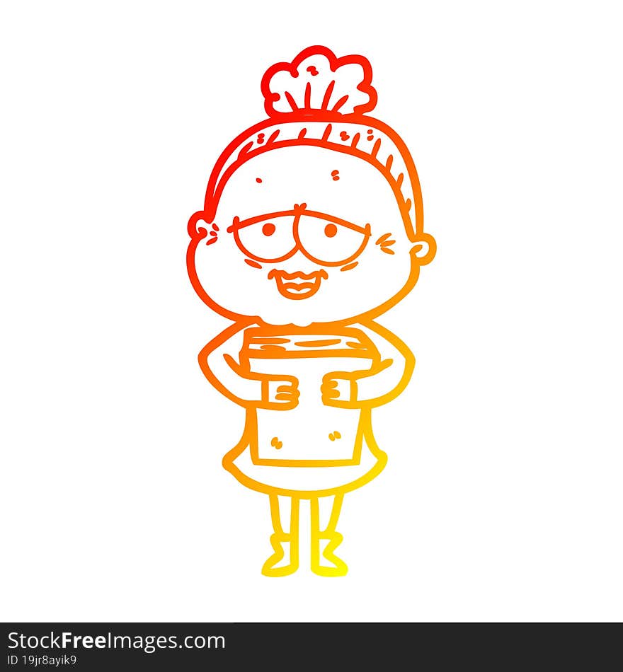 warm gradient line drawing of a cartoon happy old lady