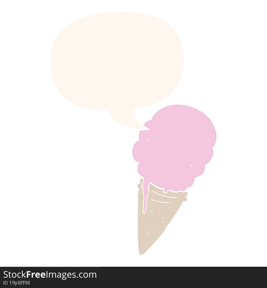 cartoon ice cream with speech bubble in retro style