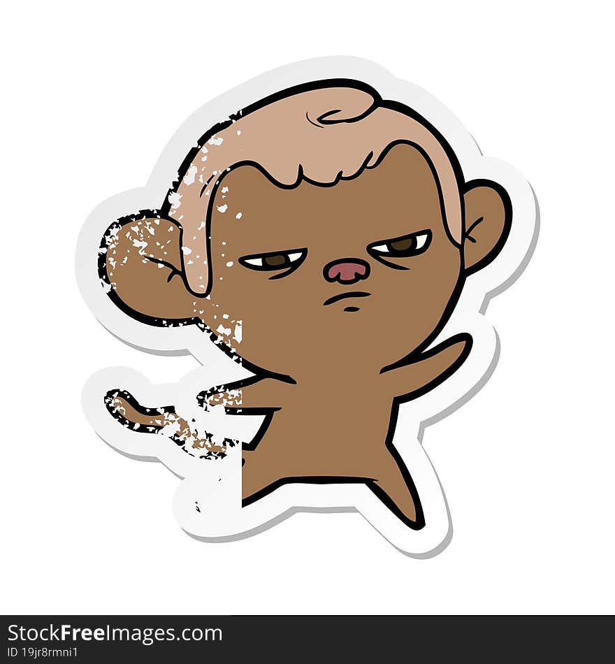 distressed sticker of a cartoon annoyed monkey