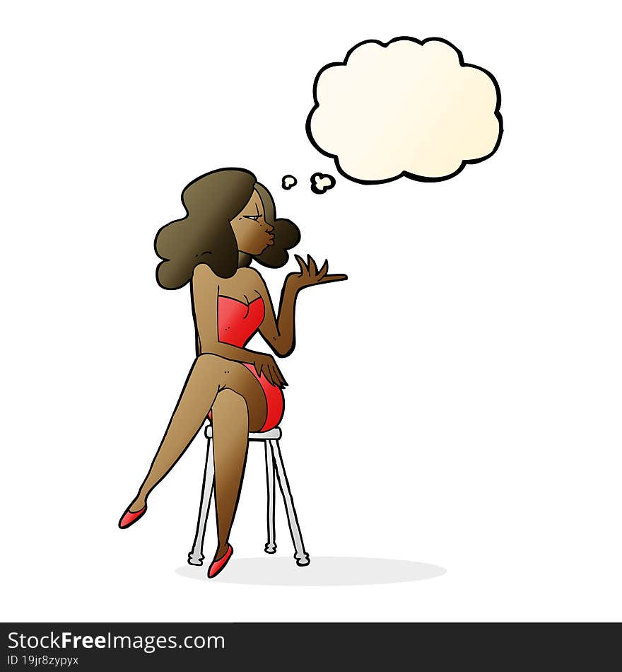 cartoon woman sitting on bar stool with thought bubble