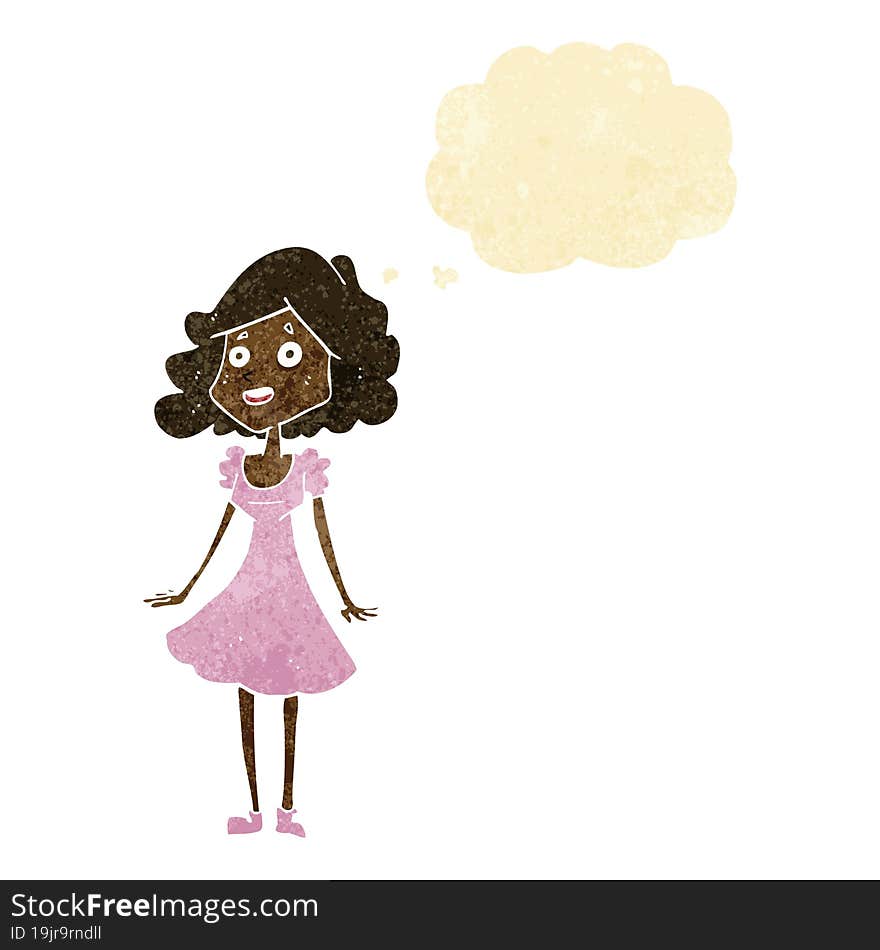 cartoon happy woman in dress with thought bubble