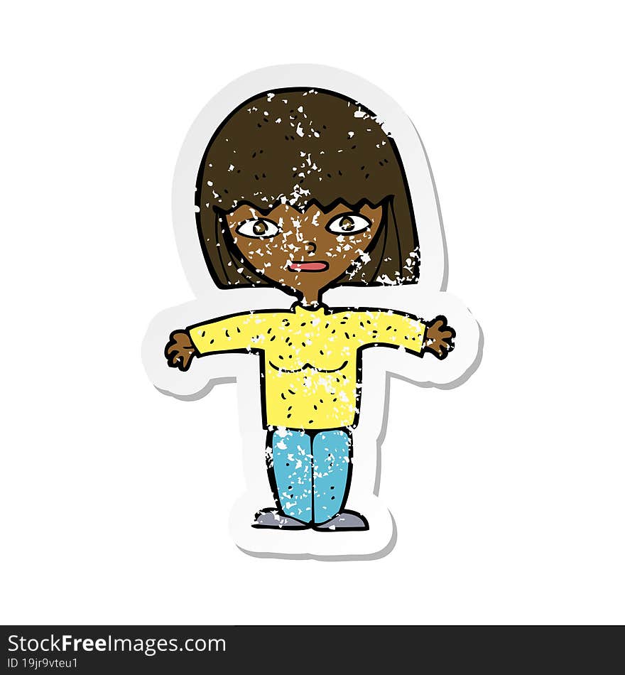 retro distressed sticker of a cartoon woman with open arms