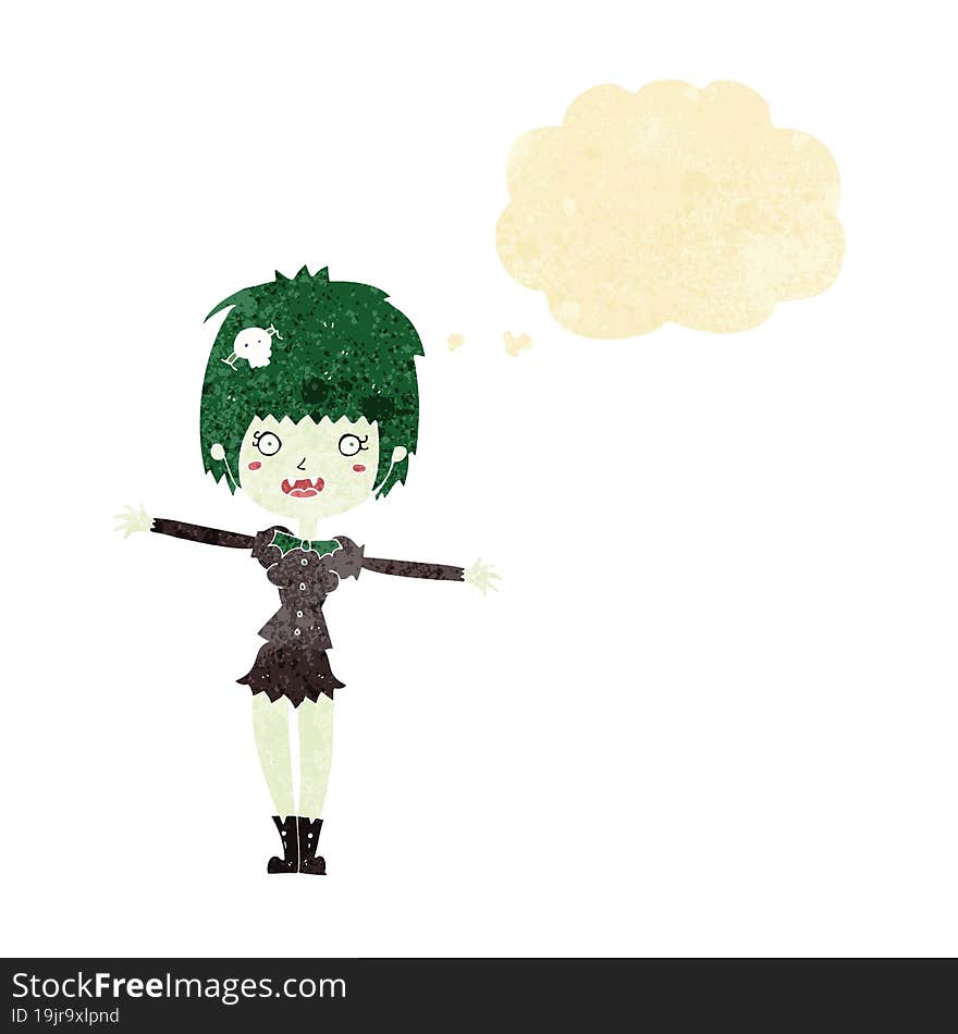 cartoon happy vampire girl with thought bubble