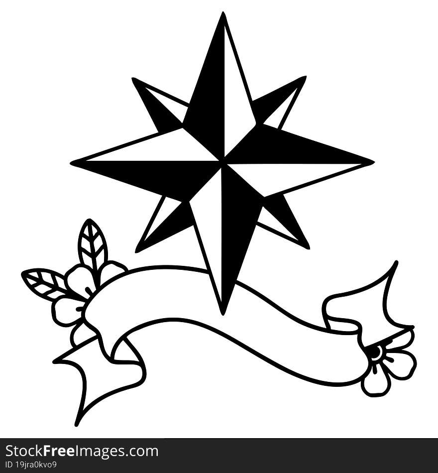 black linework tattoo with banner of a star