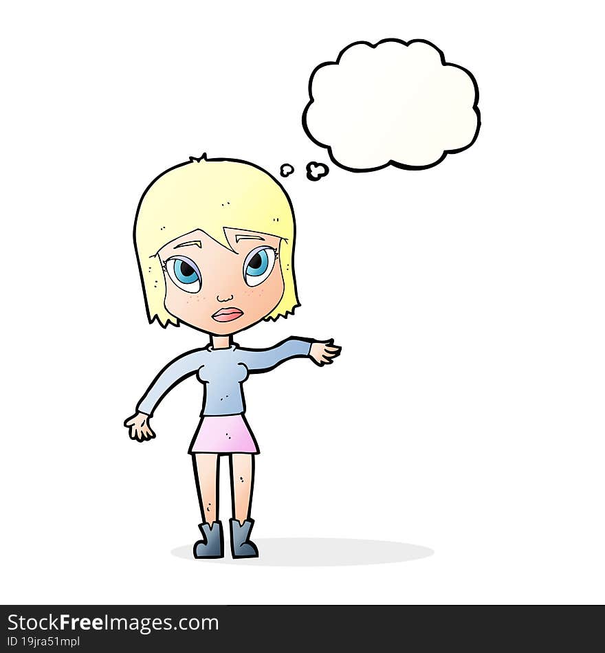 cartoon woman waving hand with thought bubble