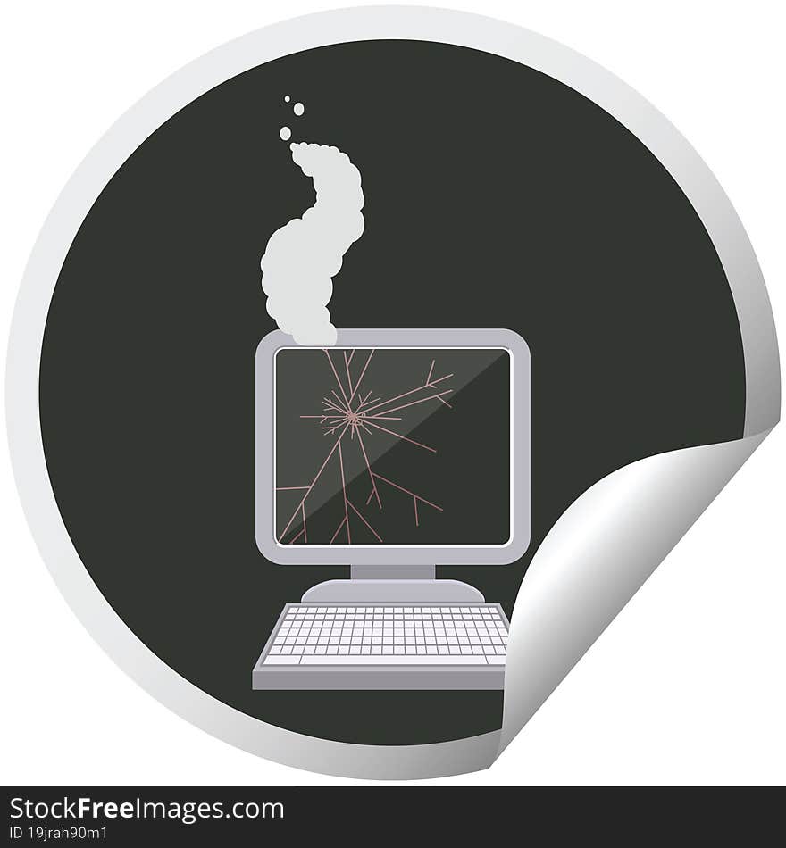 broken computer graphic vector illustration circular sticker. broken computer graphic vector illustration circular sticker