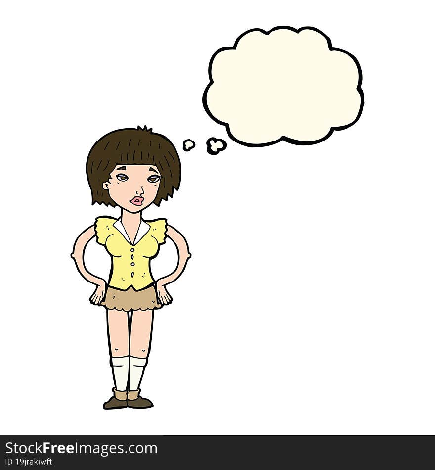 cartoon woman with hands on hips with thought bubble