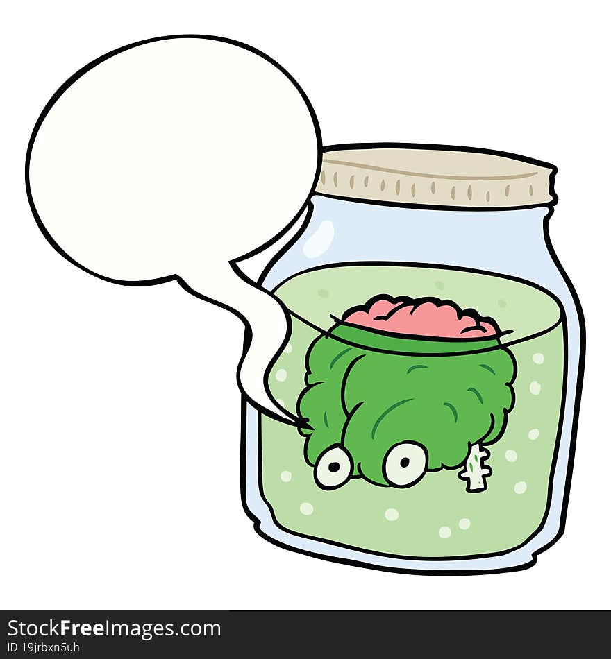 cartoon spooky brain floating in jar with speech bubble