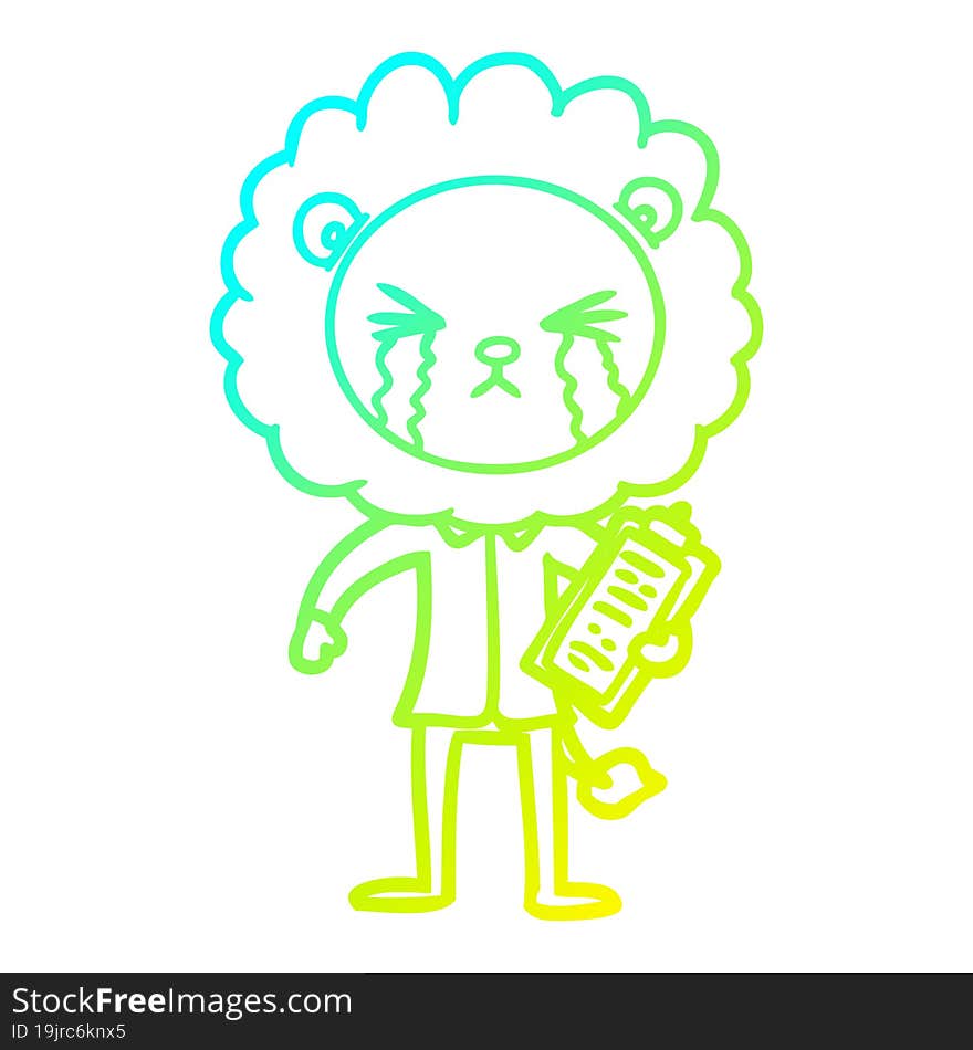 cold gradient line drawing cartoon crying lion with clipboard