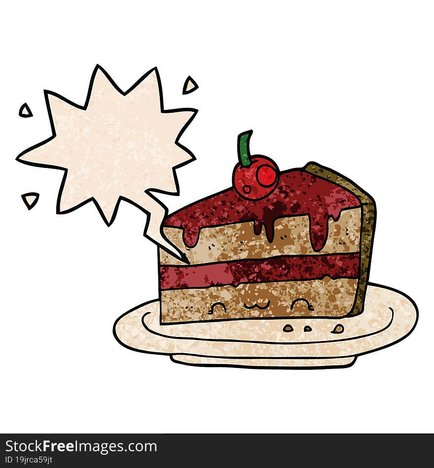 cartoon cake and speech bubble in retro texture style