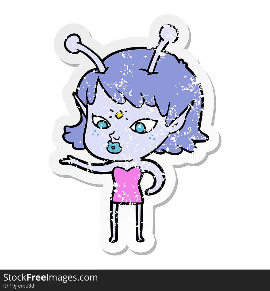 Distressed Sticker Of A Pretty Cartoon Alien Girl