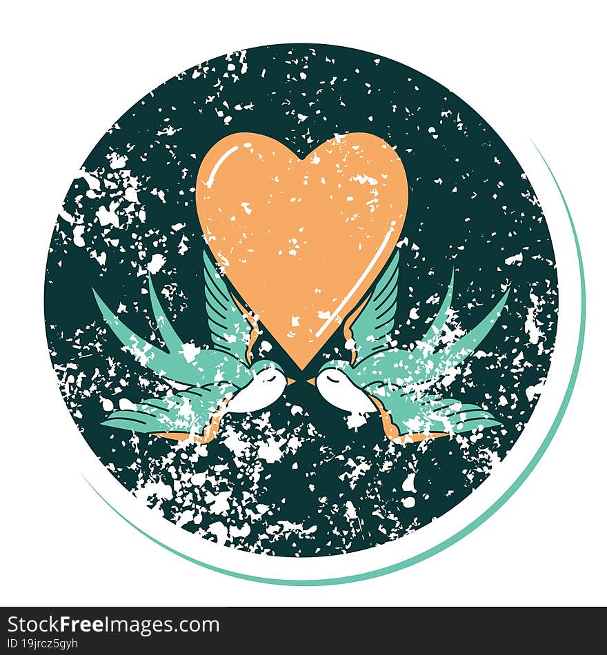 Distressed Sticker Tattoo Style Icon Of A Swallows And A Heart