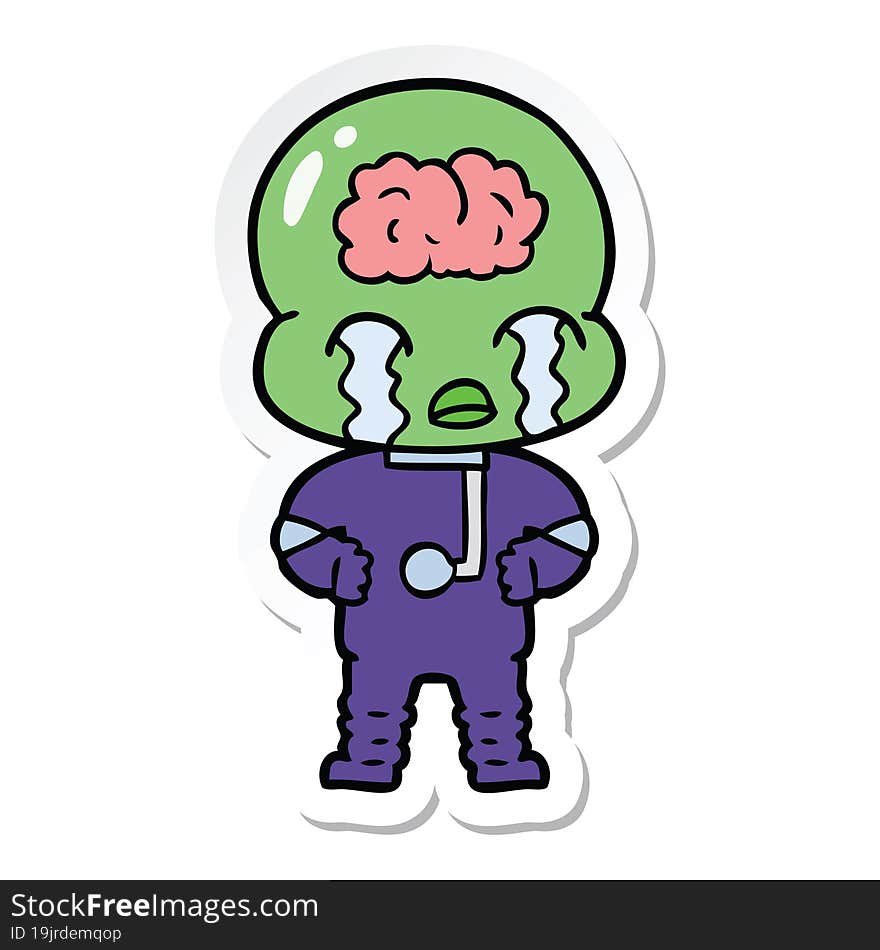 sticker of a cartoon big brain alien crying