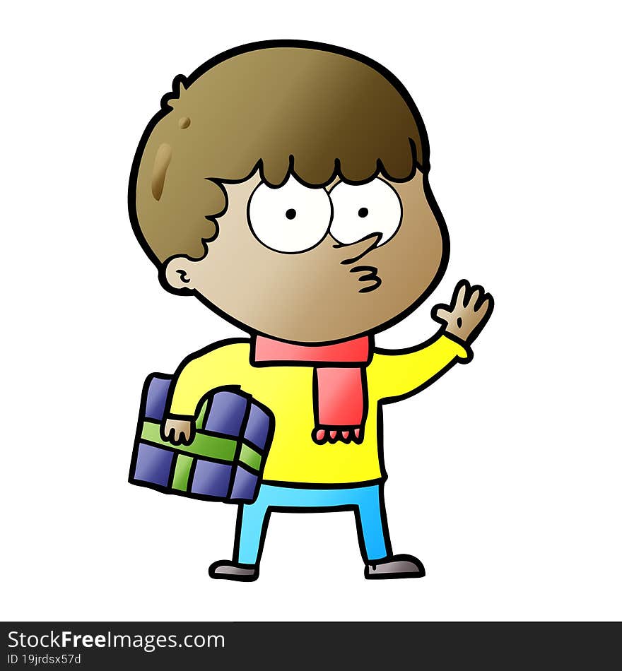 cartoon curious boy carrying a gift. cartoon curious boy carrying a gift