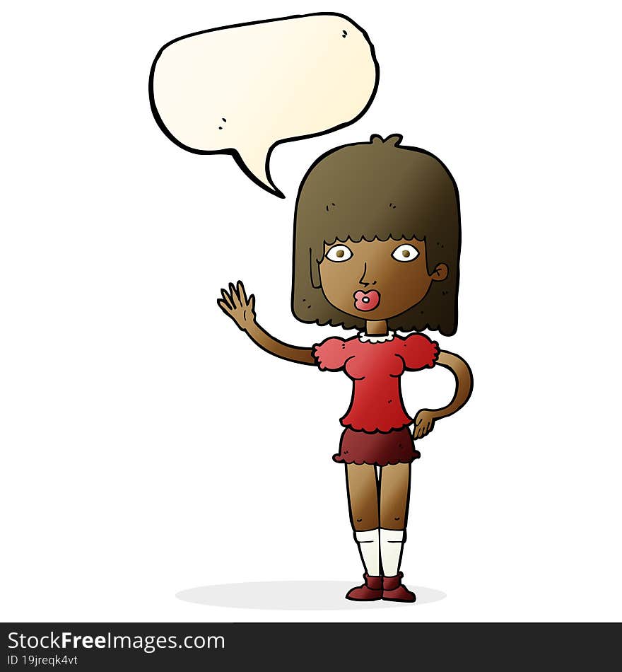 cartoon woman waving with speech bubble