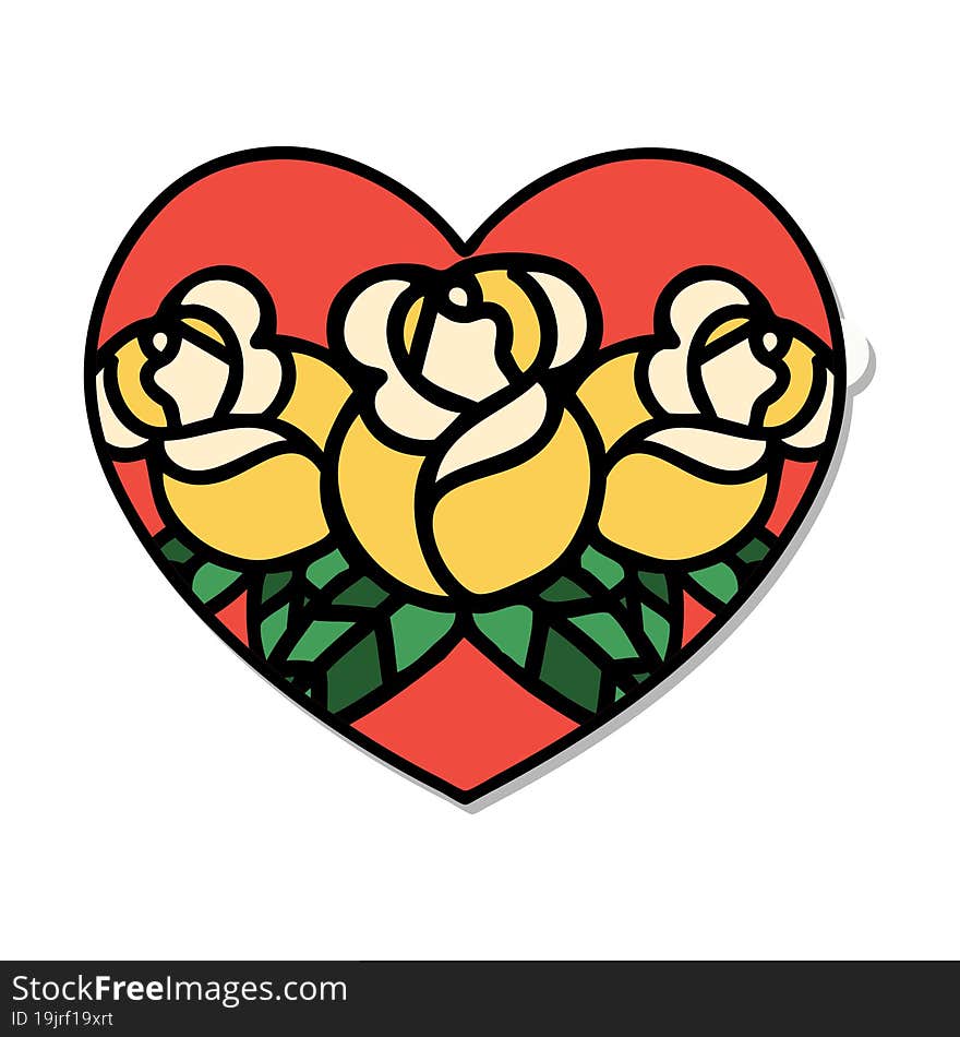 sticker of tattoo in traditional style of a heart and flowers. sticker of tattoo in traditional style of a heart and flowers