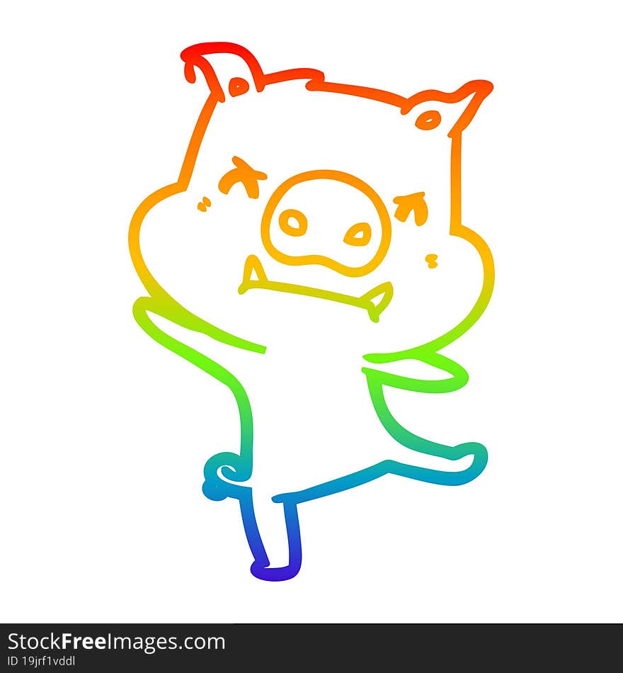 rainbow gradient line drawing of a angry cartoon pig