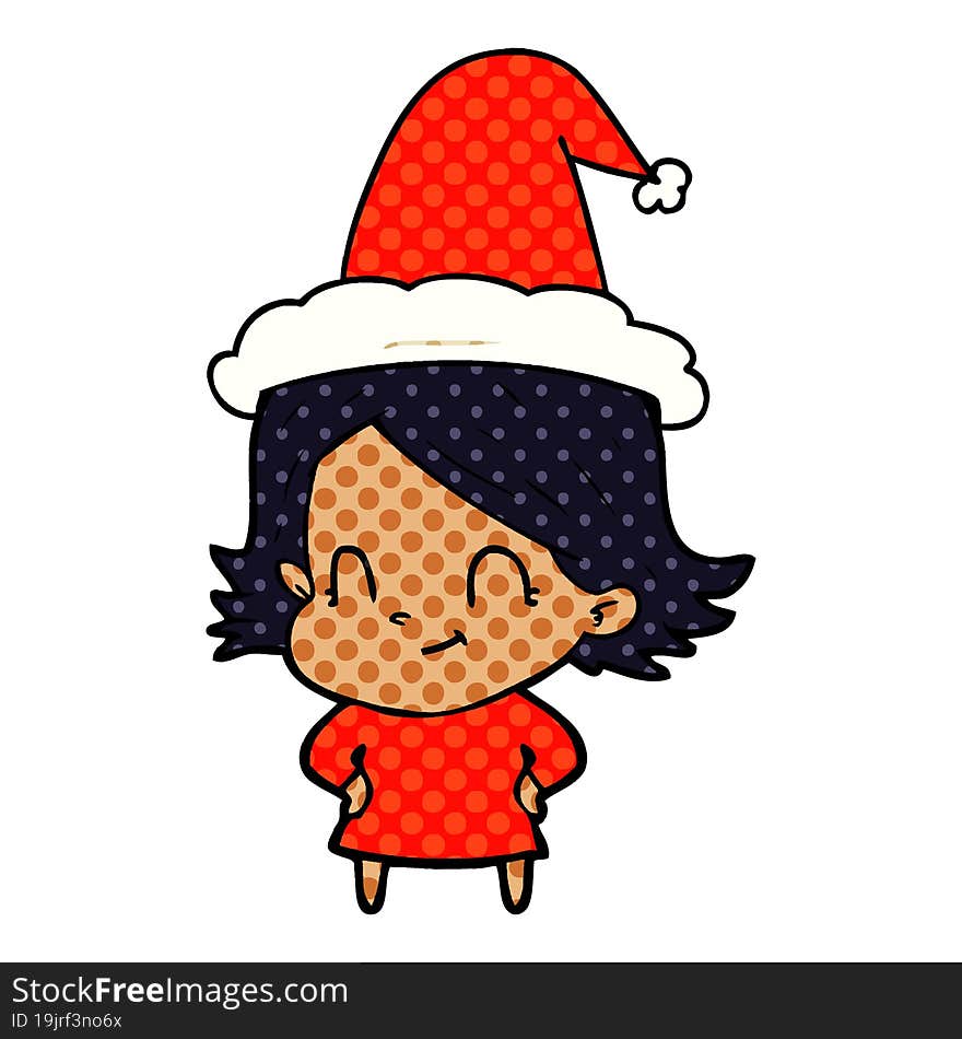 comic book style illustration of a friendly girl wearing santa hat