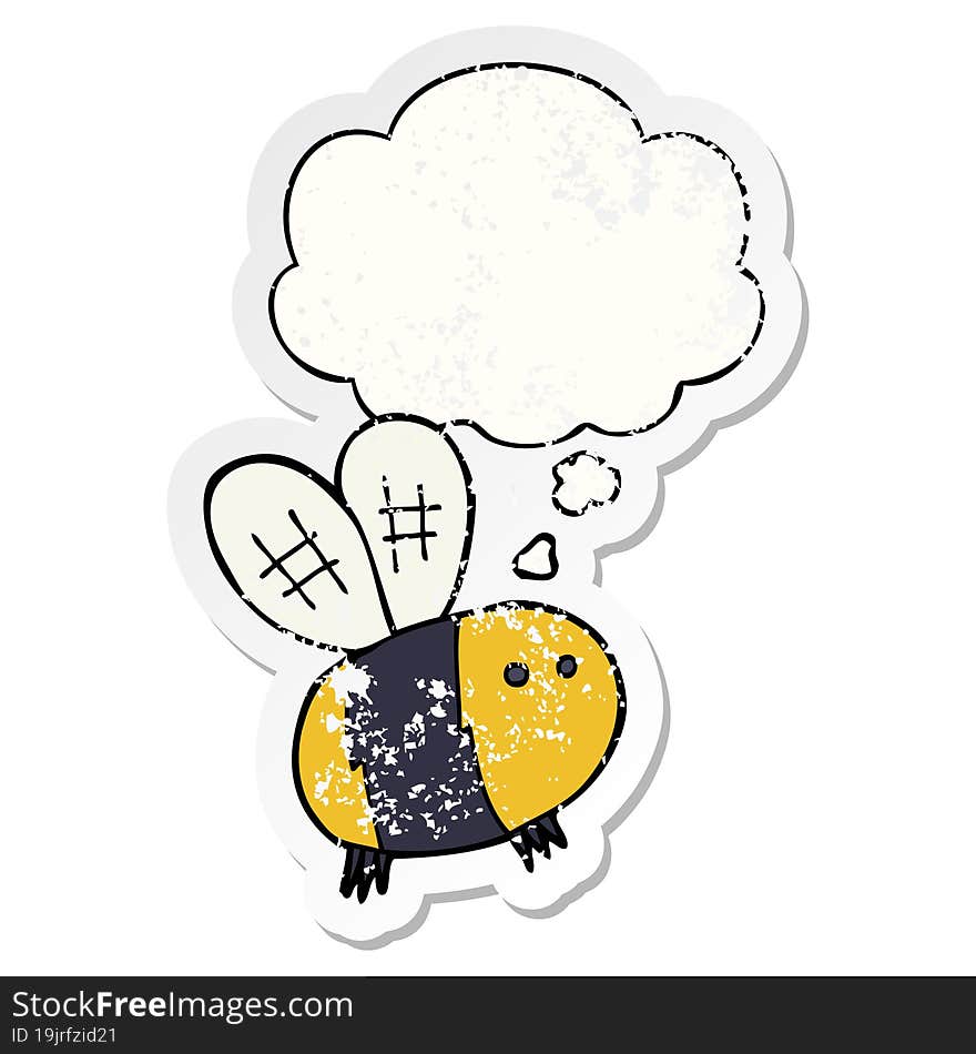 cartoon bee with thought bubble as a distressed worn sticker