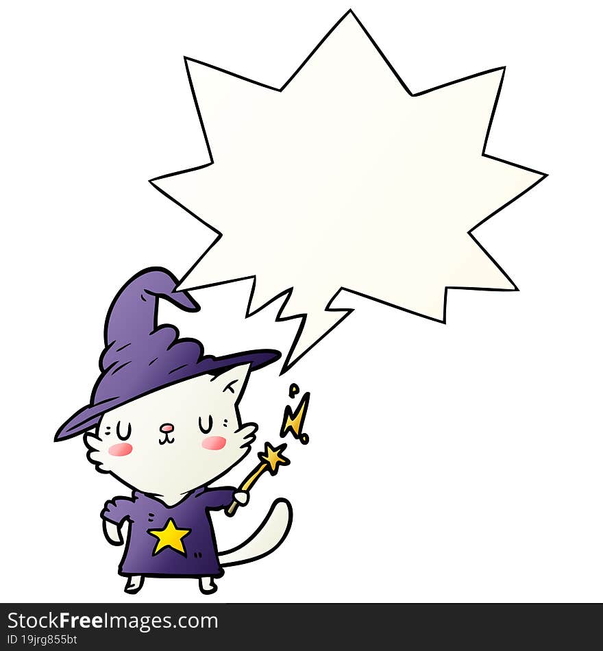 magical amazing cartoon cat wizard with speech bubble in smooth gradient style