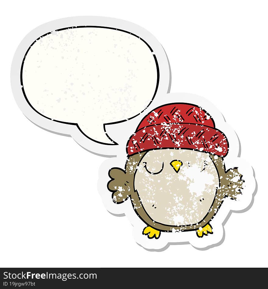 cute cartoon owl in hat and speech bubble distressed sticker