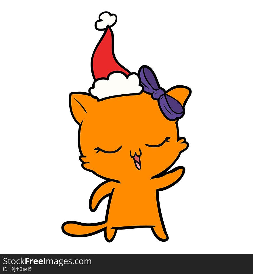 line drawing of a cat with bow on head wearing santa hat