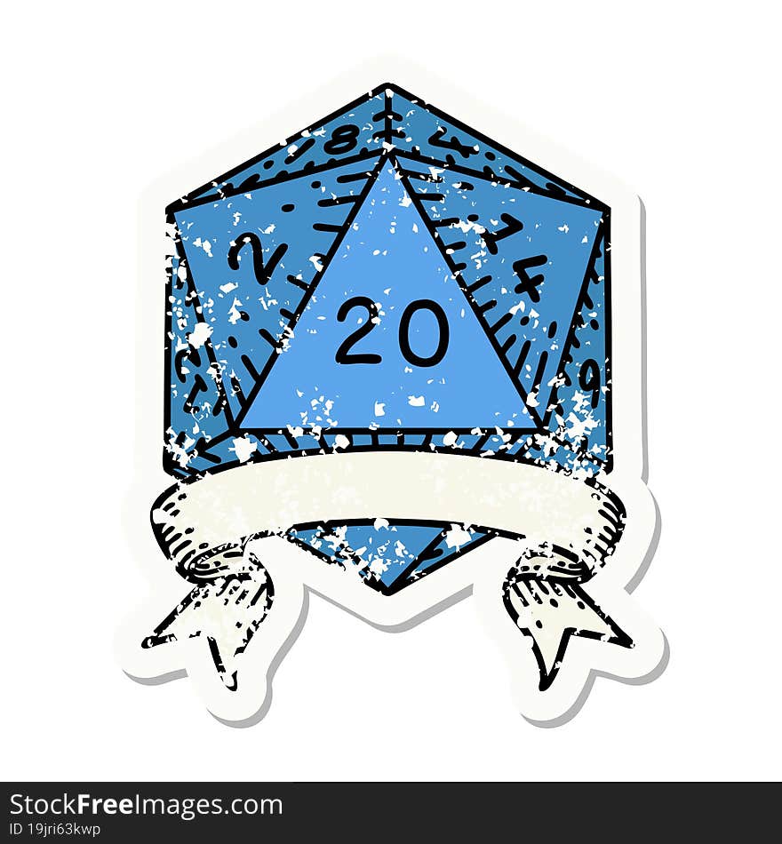 grunge sticker of a natural 20 critical hit D20 dice roll. grunge sticker of a natural 20 critical hit D20 dice roll