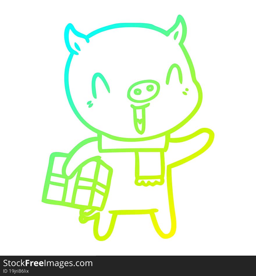 cold gradient line drawing happy cartoon pig with xmas present