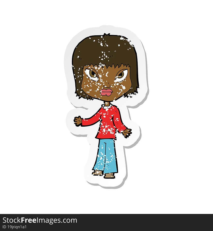 retro distressed sticker of a cartoon woman with open arms