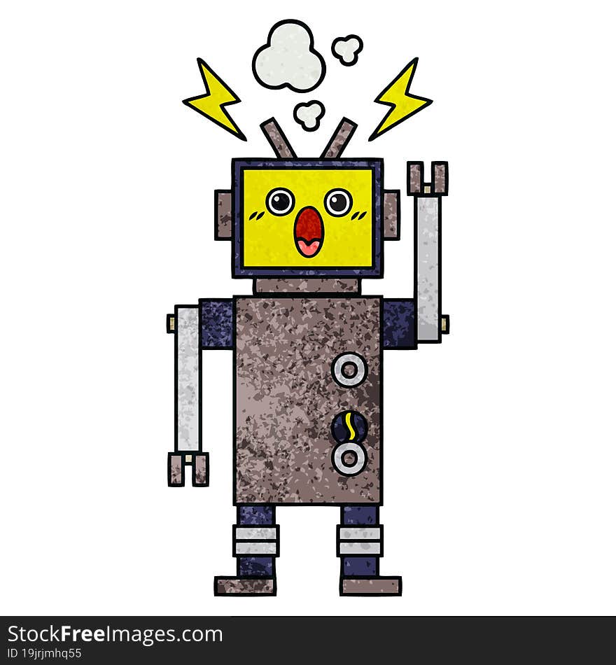 retro grunge texture cartoon of a broken robot