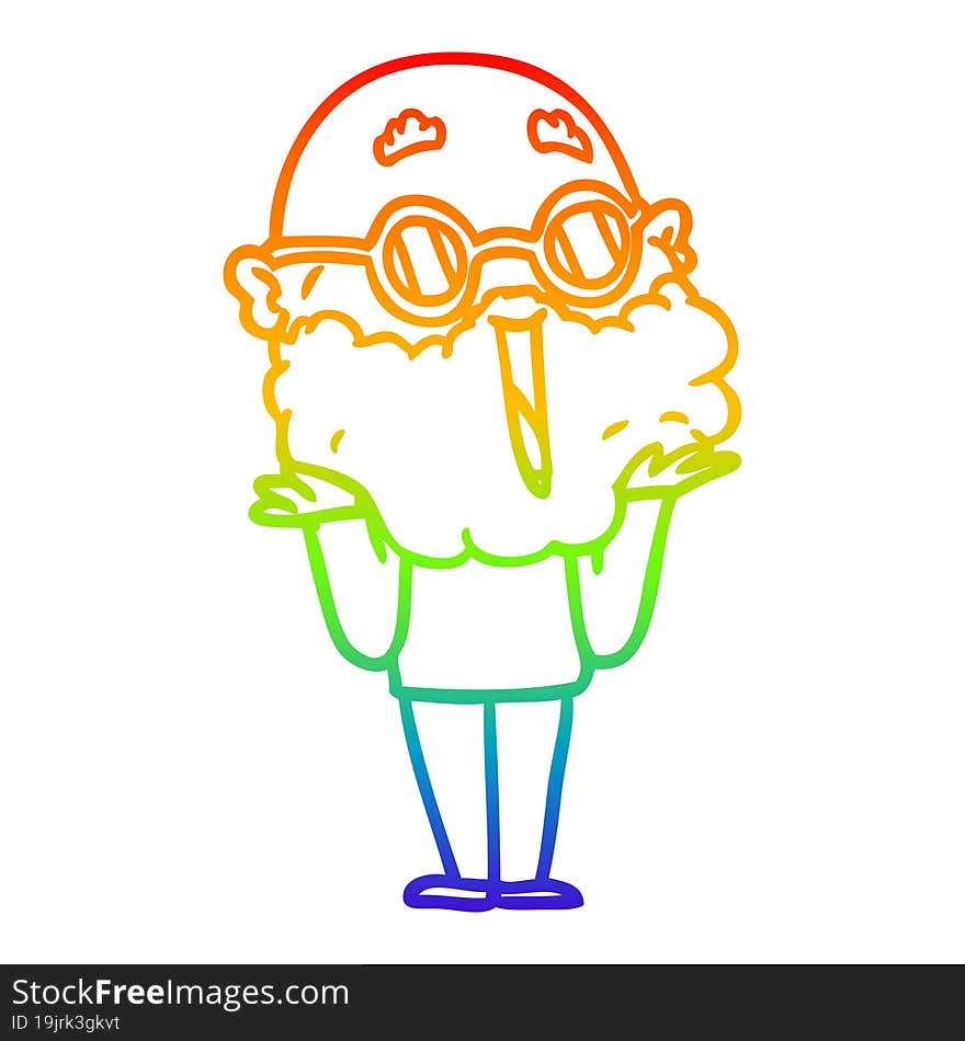 rainbow gradient line drawing cartoon joyful man with beard shrugging