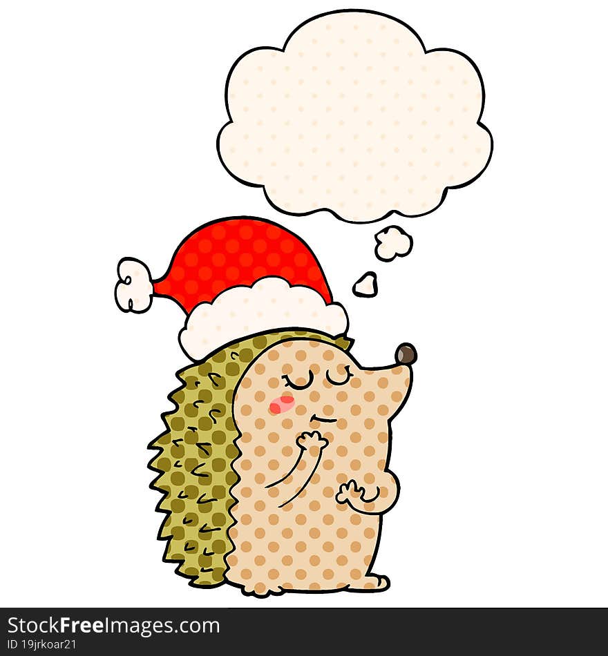 cartoon hedgehog wearing christmas hat and thought bubble in comic book style