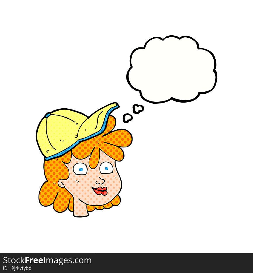 freehand drawn thought bubble cartoon woman wearing cap. freehand drawn thought bubble cartoon woman wearing cap