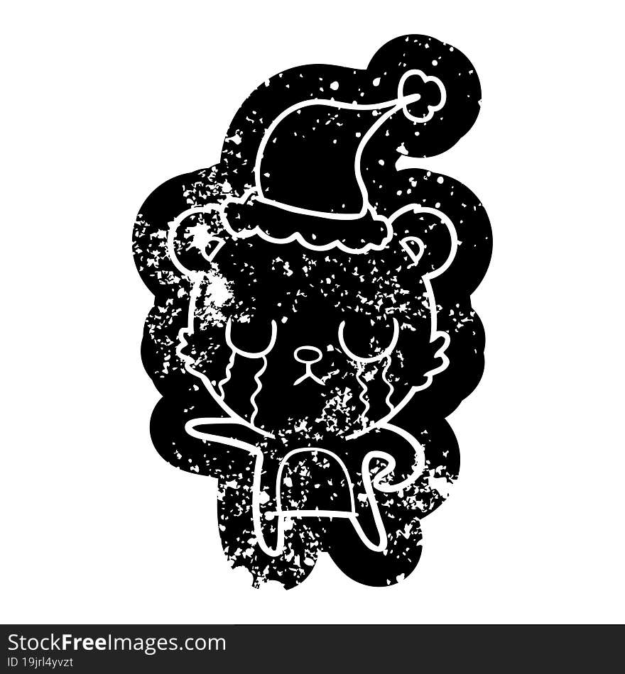 Crying Cartoon Distressed Icon Of A Bear Wearing Santa Hat