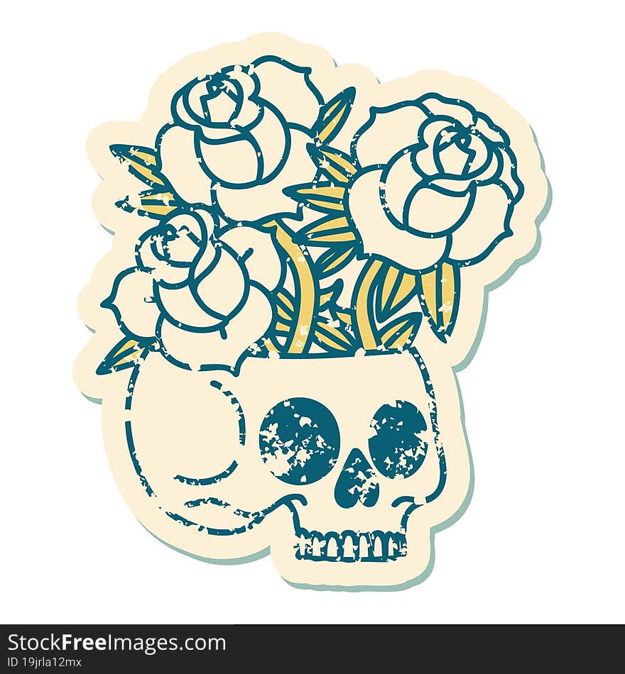 distressed sticker tattoo style icon of a skull and roses