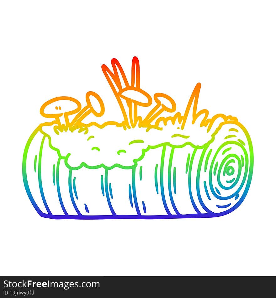 Rainbow Gradient Line Drawing Cartoon Old Log With Mushrooms