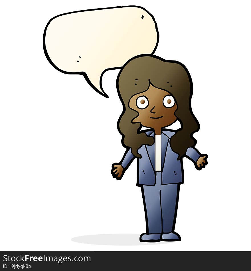 cartoon friendly business woman with speech bubble