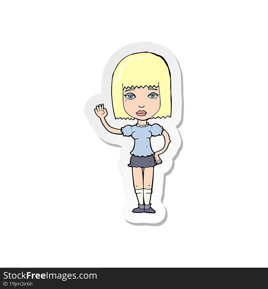 sticker of a cartoon woman waving