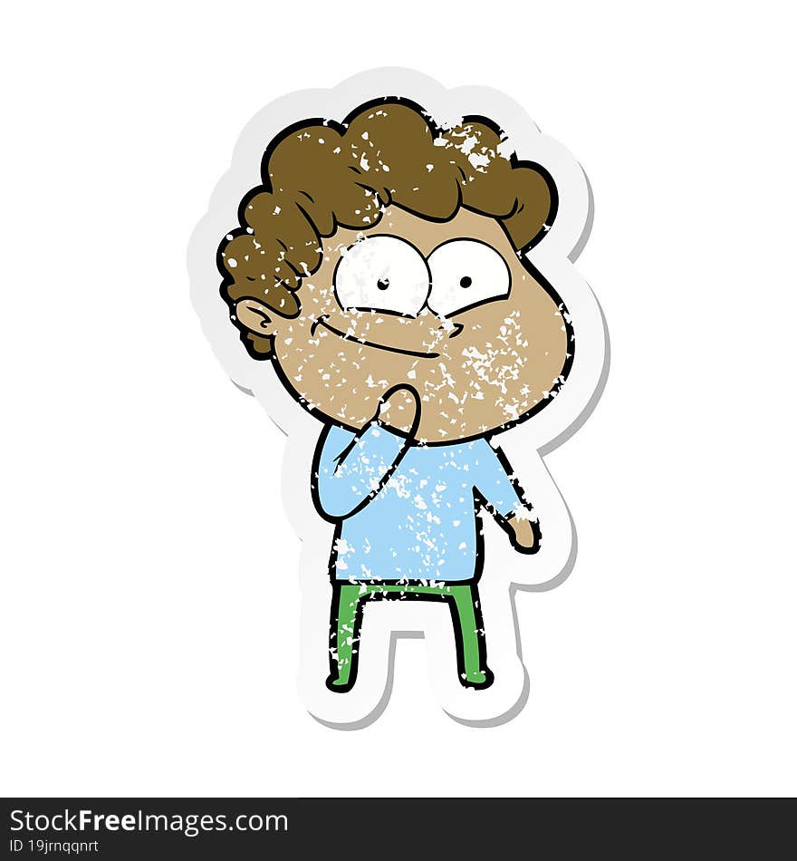 distressed sticker of a cartoon happy man