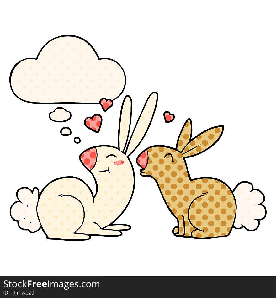 cartoon rabbits in love with thought bubble in comic book style