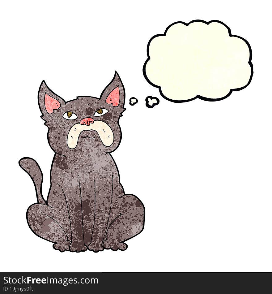 cartoon grumpy little dog with thought bubble