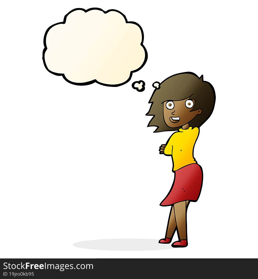 cartoon happy woman with thought bubble