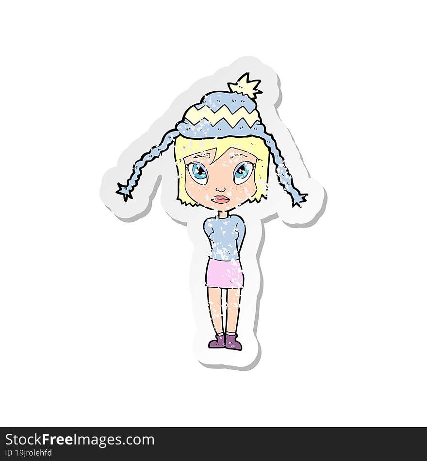 retro distressed sticker of a cartoon woman wearing winter hat