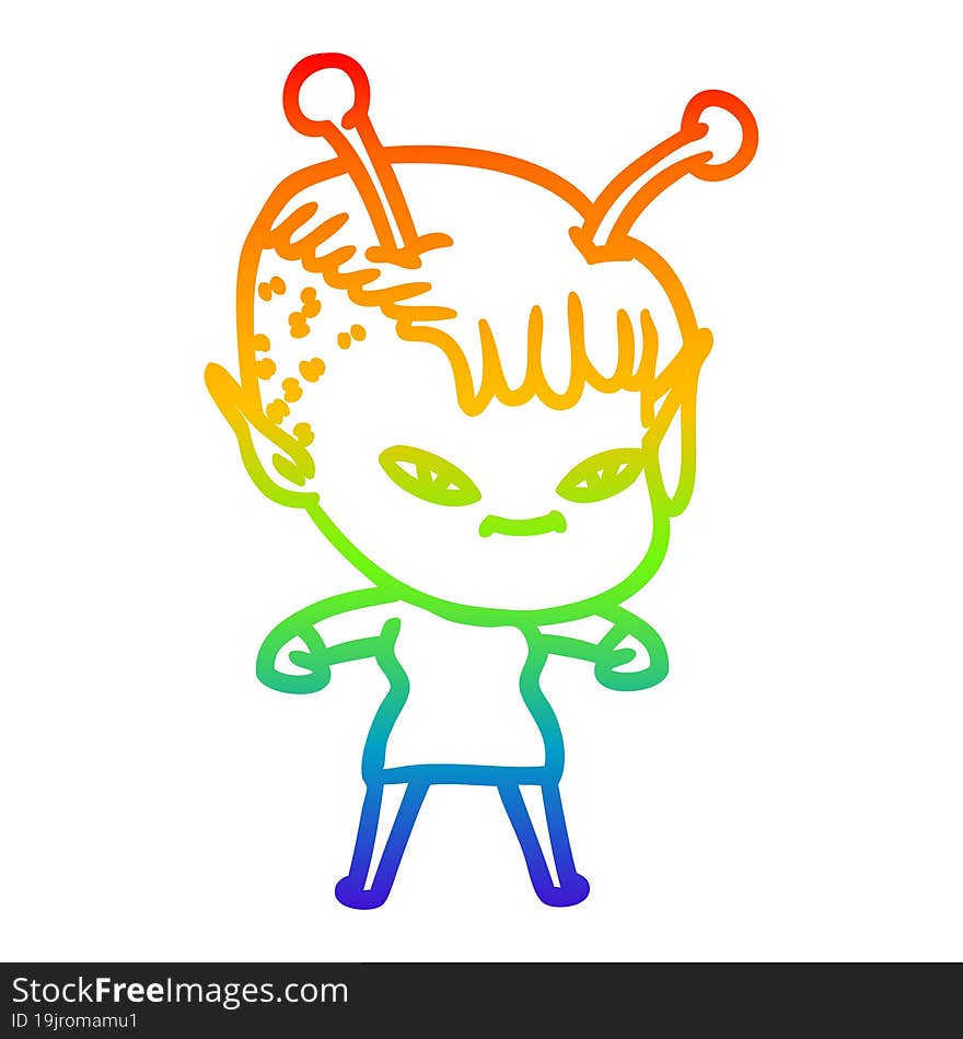 rainbow gradient line drawing of a cute cartoon alien girl